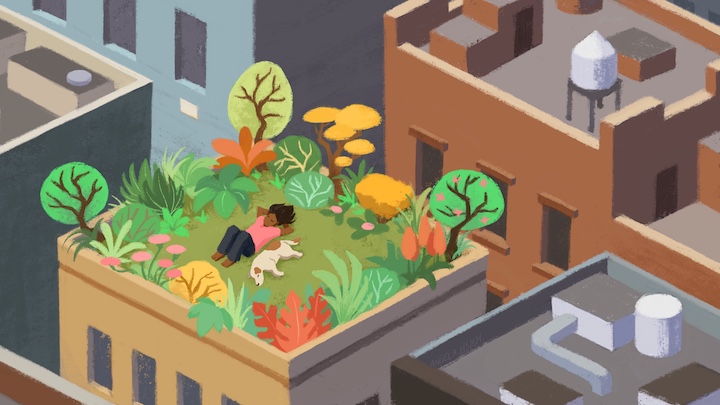 Illustration of a bird's eye view of a rooftop garden in an urban landscape