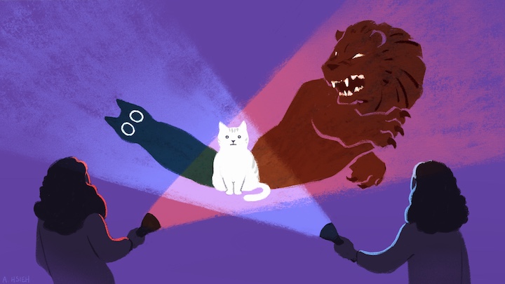 Illustration of a cat caught in the cross-beam of two flashlights.  One shadow is of a kitten, the other a ferocious lion