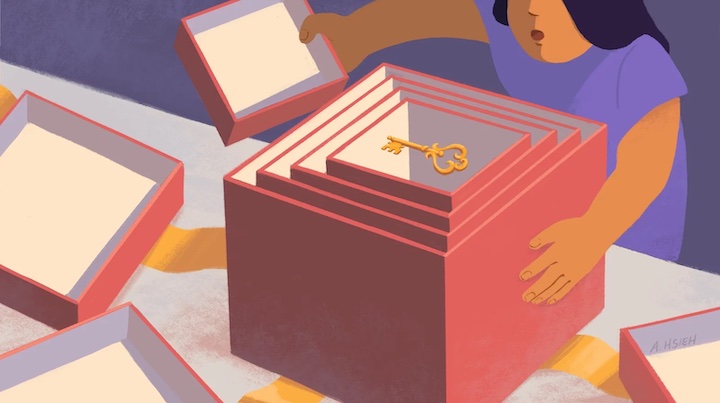 Illustration of someone discovering a golden key inside a series of five nested boxes.